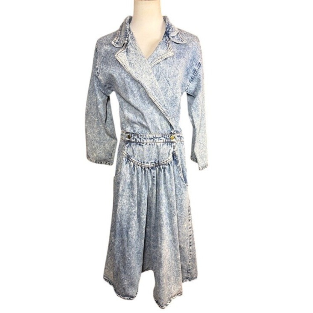 Vintage‎ Mizz Lizz Acid Wash Denim Wrap Dress 80s Blue Cotton Maxi Womens S